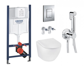 Комплект инсталляция Grohe Rapid SL+подвесной унитаз Kroner Harz Rimless+гигиенический душ Qtap (3884000G/38732000/WHI493736/ QTINSVARCRMV01)